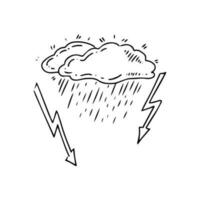 einfach skizzieren Linie Stil Element. Gekritzel süß Tinte Stift Wolke mit Regen und Blitz auf Weiß Hintergrund. Öko Konzept. vektor