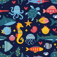 mönster på en marin tema med skal, tång, sjöhäst, puffer fisk, manet, bläckfisk. vektor