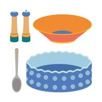 en uppsättning av kök redskap, salt och peppar shaker, en sked, en skål, en bakning maträtt. vektor