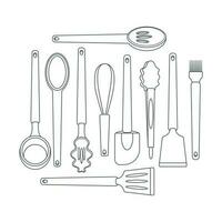 Geschirr ein einstellen von Küche Utensilien, ein Kelle, Löffel, Zange, ein Küche Bürste, ein Schneebesen, ein Spatel. Linie Kunst. vektor