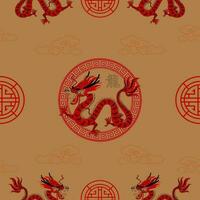 Vektor nahtlos Muster mit asiatisch Drachen Tierkreis Zeichen im Papier Schnitt Kunst, Kunst Stil auf Gold Farbe hintergrund.konzept zum Hintergrund, Stoff, Textil- Hintergrund.chinesisch Übersetzung, Jahr von das Drachen