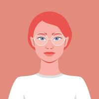 porträtt av en rödhårig flicka med glasögon. vektor illustration i platt stil