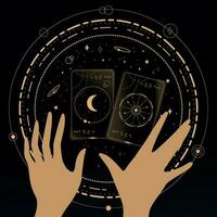 spådom tarot kort på svart bakgrund. tarot symbolism. mysterium, astrologi, esoterisk vektor