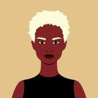 Porträt von ein schön afrikanisch Frau mit kurz blond Haar. voll Gesicht Porträt im eben Stil. Benutzerbild. weiblich. Vielfalt vektor