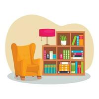 Leben Zimmer Innere. Sessel, Lampe, Bücherregal, eingetopft Anlage, viele von Bücher. Vektor Grafik.