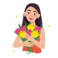 schön Frau hält ein Strauß von Blumen im ihr Hände. Brünette mit lange Gerade Haar. Vektor Grafik.