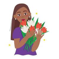 schön schwarz Frau hält ein Strauß von Blumen im ihr Hände. Brünette mit lange Gerade Haar. Vektor Grafik.
