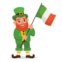 rolig pyssling vinka en stor flagga av irland. St Patrick s dag. vektor grafisk.