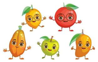 uppsättning av tecknad serie frukt. citron, äpple, papaya, grapefrukt, mango. med vapen och ben. vektor grafisk.