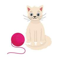 süß flauschige Weiß Katze sitzt Nächster zu ein Rosa Ball von Gewinde. Vektor Grafik.