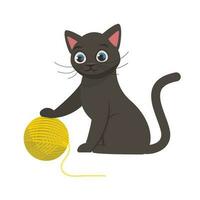 süß schwarz Katze sitzt Nächster zu ein Gelb Ball von Gewinde. Vektor Grafik.