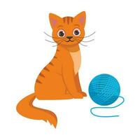 söt ingefära katt sitter Nästa till en blå boll av tråd. vektor grafisk.