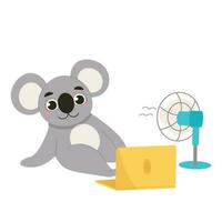 Karikatur Tier ist Sitzung auf das Fußboden mit ein Laptop und ein Fan. Koala mit Belüftung Ausrüstung im heiß Wetter. Vektor Grafik.