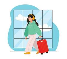 Mädchen im Kopfhörer mit ein Koffer beim das Flughafen. geht auf ein Flug zu gehen auf ein Reise. Vektor Grafik.