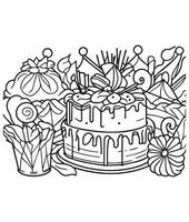 kaka färg sida. födelsedag kaka färg sida för barn och vuxna. mitten innehåll färg sida för amazon kdp. färg sida av kaka vektor