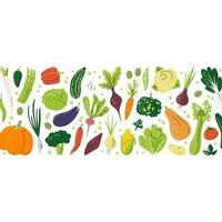 horisontell sammansättning av annorlunda grönsaker. grönsaker design begrepp i de mitten. baner mall med negativ Plats. bruka mat isolerat på vit bakgrund. hand dragen platt vektor illustration