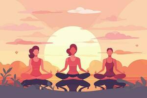 tre flickor håller på med i en soluppgång illustration, internationell yoga dag, yoga dag baner vektor