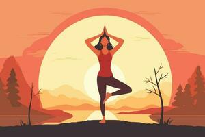 skön flicka håller på med yoga i soluppgång illustration vektor
