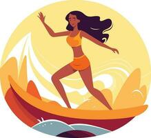 surfing flicka illustration, glad flicka surfing med glad uttryck vektor