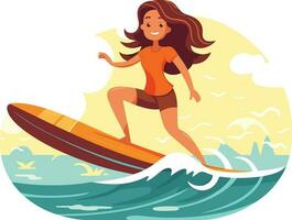 surfing flicka illustration, glad flicka surfing med glad uttryck vektor