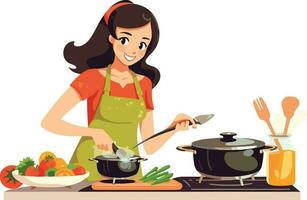 friska äter kvinna matlagning en näringsrik måltid med färsk grönsaker i en välutrustade kök vektor