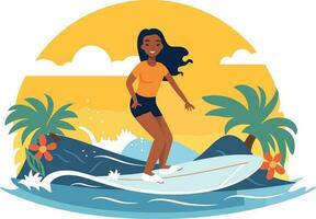 surfing flicka illustration, glad flicka surfing med glad uttryck vektor