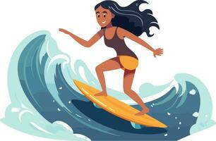 surfing flicka illustration, glad flicka surfing med glad uttryck vektor