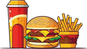köstlich schnell Essen Snack mit Burger, Koks und frisch Gemüse auf ein Weiß Hintergrund Illustration, Burger, Koks, heiß und würzig Französisch Fritten Illustration vektor