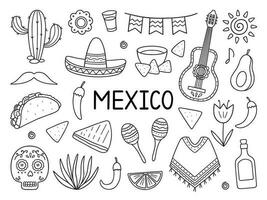 Mexiko Gekritzel Satz. Elemente von Mexikaner Kultur. Marakas, Poncho, Kaktus, Taco, Burrito im skizzieren Stil. Hand gezeichnet Vektor Illustration isoliert auf Weiß Hintergrund