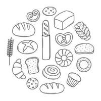 bröd och bageri klotter uppsättning. bagel, croissant, baguette, bulle, kaka, skivad bröd i skiss stil. hand dragen vektor illustration isolerat på vit bakgrund