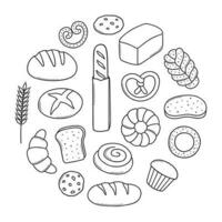 Brot und Bäckerei Gekritzel Satz. Bagel, Croissant, Stangenbrot, Brötchen, Plätzchen, geschnitten Brot im skizzieren Stil. Hand gezeichnet Vektor Illustration isoliert auf Weiß Hintergrund