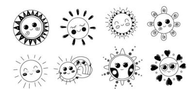 uppsättning av klotter söt leende solar vektor illustration