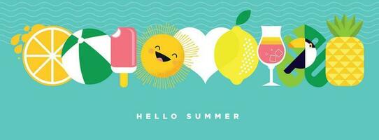 Hej sommar. vektor illustration begrepp för hemsida design, bakgrund, social media baner, resa och Semester annonser, försäljning befordran, affisch, marknadsföring material, sommar kort, fest inbjudan.