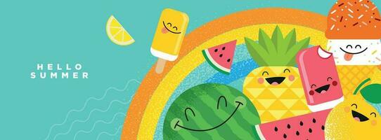 Hallo Sommer. Vektor Illustration Konzept zum Webseite Design, Hintergrund, Sozial Medien Banner, Reise und Urlaub Anzeigen, Verkauf Förderung, Poster, Marketing Material, Sommer- Karte, Party Einladung.