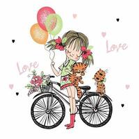 ein süß Mädchen mit Luftballons und Kätzchen ist Stehen Nächster zu ihr Fahrrad. Vektor Illustration.