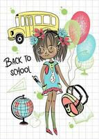 söt mörkhyad tjej med flätor med en skolryggsäck går till skolan. tillbaka till skolan. vektor