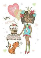 födelsedagskort med söt tjej med tårta och ballonger. vektor. vektor
