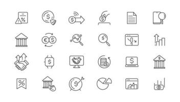 Geld und Steuern linear Symbole Sammlung.Geld und Steuern schwarz Symbole.groß ui Symbol einstellen im ein eben Design. dünn Gliederung Symbole Pack. Vektor Illustration