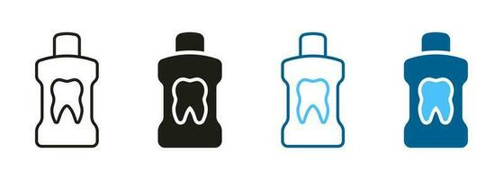 Mund waschen Flasche zum sauber und Frische Symbol. Zahnheilkunde Oral spülen. Mundwasser Silhouette und Linie Symbol Satz. Dental Hygiene schwarz und Farbe Piktogramm. isoliert Vektor Illustration.