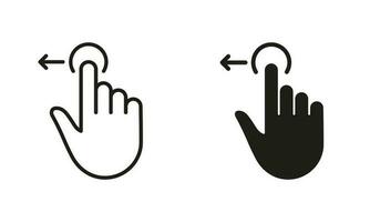 dubbel- klick gest, hand markören av dator mus linje och silhuett svart ikon uppsättning. pekare finger piktogram. dubbel- Tryck, hårt slag, Rör, punkt, kran tecken. isolerat vektor illustration.