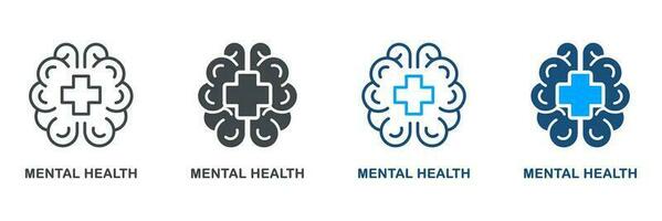 mental hälsa silhuett och linje ikon uppsättning. emotionell Stöd symbol samling. mänsklig hjärna med korsa form, medicinsk hjälpa för mänsklig med psykologisk oordning. isolerat vektor illustration.