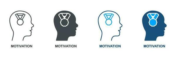 Motivation, Anreiz zu Entwicklung Silhouette und Linie Symbol Satz. Trainer motiviert Champion Prozess Symbol Sammlung. Elastizität und Anerkennung Piktogramm. isoliert Vektor Illustration.