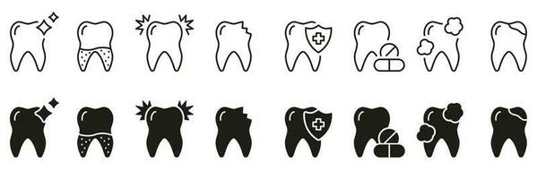 Dental Pflege Silhouette und Linie Symbol Satz. Zahnschmerzen Diagnose linear und Glyphe Piktogramm. kieferorthopädisch Krankheit. Zahnheilkunde Symbol. Dental Behandlung unterzeichnen. editierbar Schlaganfall. isoliert Vektor Illustration.