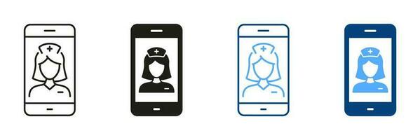 läkare uppkopplad samråd. sjukvård i mobil telefon symbol samling. virtuell läkare kvinna piktogram. medicinsk service i smartphone linje och silhuett ikon uppsättning. isolerat vektor illustration.