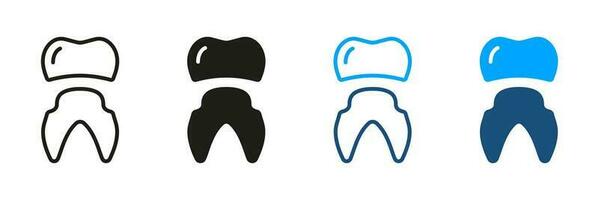 Oral Pflege, Zähne Schutz implantieren Piktogramm. kieferorthopädisch Zahnersatz, Zahn Krone. Dental Behandlung Symbol Sammlung. Dental Krone Silhouette und Linie Symbole Satz. isoliert Vektor Illustration.