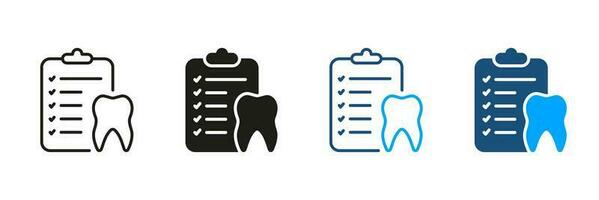 Zahn medizinisch Bericht Piktogramm. Dental Untersuchung Silhouette und Linie Symbole Satz. Zähne und dokumentieren Checkliste Piktogramm. Dental Behandlung schwarz und Farbe Symbol Sammlung. isoliert Vektor Illustration.