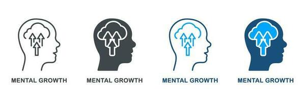 mental Wachstum, Potenzial Werdegang Erfolg Silhouette und Linie Symbol Satz. Mensch Kopf mit Pfeil hoch, Psychologie Therapie, intellektuell Prozess Symbol Sammlung. isoliert Vektor Illustration.