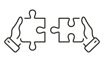 verbinden Puzzle Stücke durch Mensch Hände Linie Symbol. Puzzle montieren, Spiel Lösung. Zusammenarbeit linear Piktogramm. lösen Problem zusammen Gliederung unterzeichnen. editierbar Schlaganfall. isoliert Vektor Illustration.