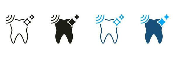 tand blekning. oral vård, hygien, dental behandling. dental ultraljuds- rengöring silhuett och linje ikoner uppsättning. tandvård svart och Färg symbol samling. isolerat vektor illustration.