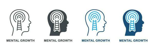 mental tillväxt silhuett och linje ikon uppsättning. mänsklig huvud med stege tecken. potential karriär Framgång, motivering piktogram. psykologi terapi symbol samling. isolerat vektor illustration.